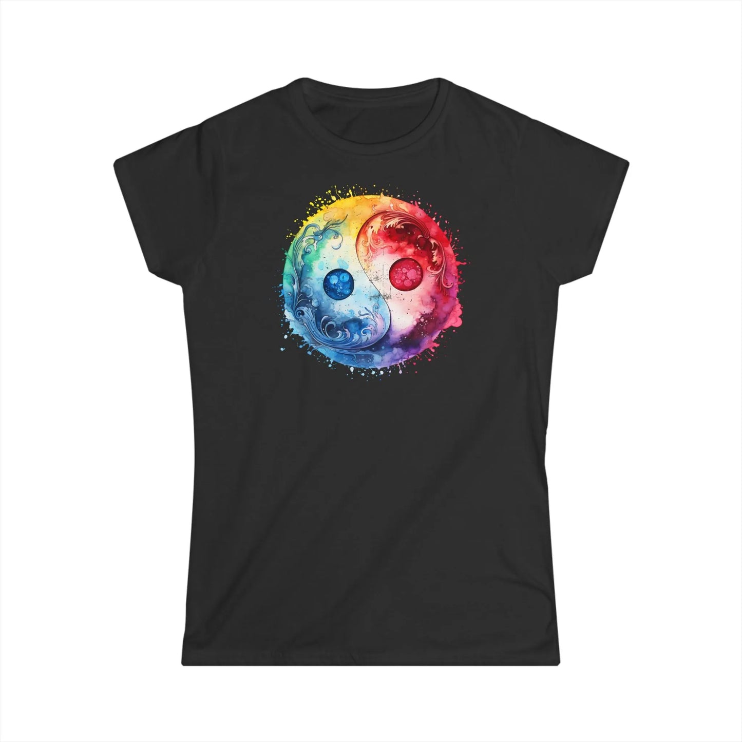 Tailliertes Damen Kurzarm T-Shirt mit Aufdruck mit Yin Yang Motiv - 100% Baumwolle - 153 g/m² - auch in großen Größen – in vielen Farben - Black