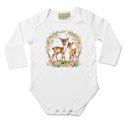 Unisex Baby Langarm Body mit Aufdruck - 2 Rehe mit Schmetterling und Blumen - 100% Baumwolle - Größe bis 18 Monate bzw. 86 - Strampler Body mit Aufdruck -
