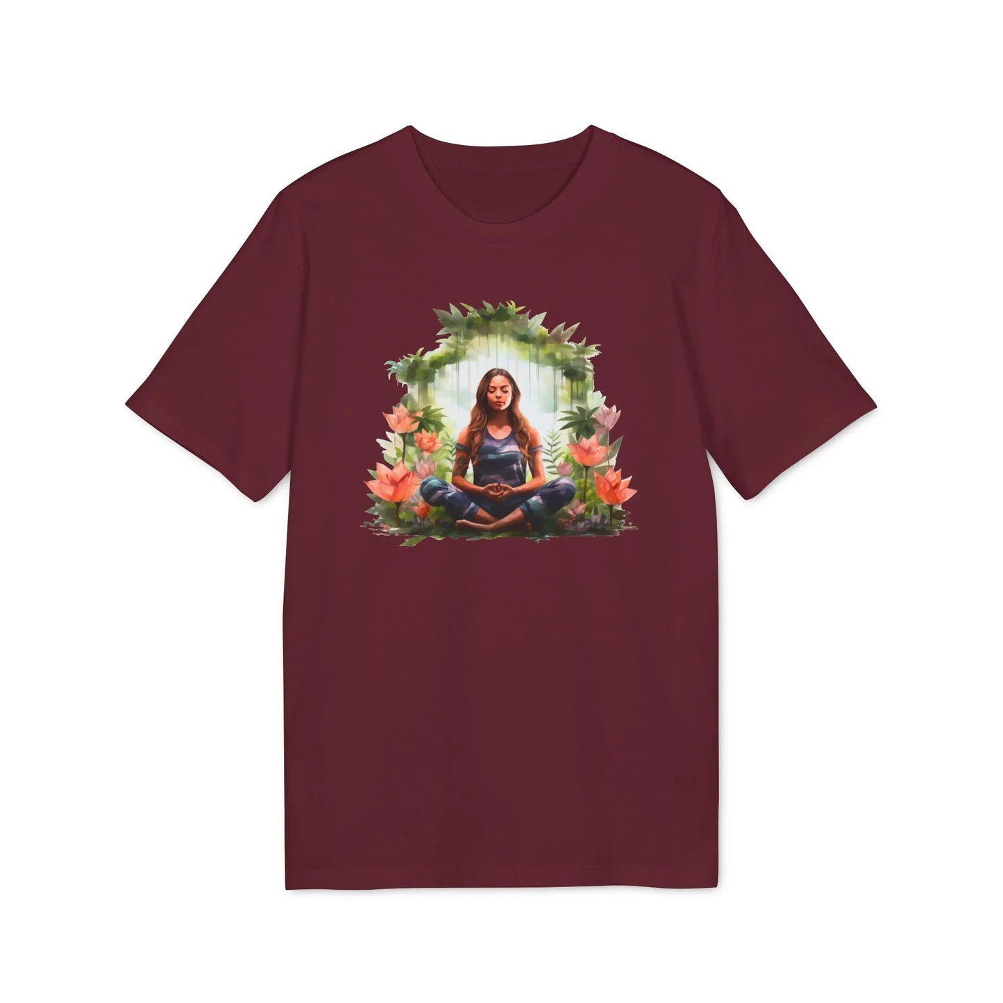 Unisex Yoga T-Shirt mit Aufdruck für Damen und Herren - kurzarm, 100% Bio Baumwolle, 180 g/m², in großen Größen, weiß und weitere Farben - Burgundy