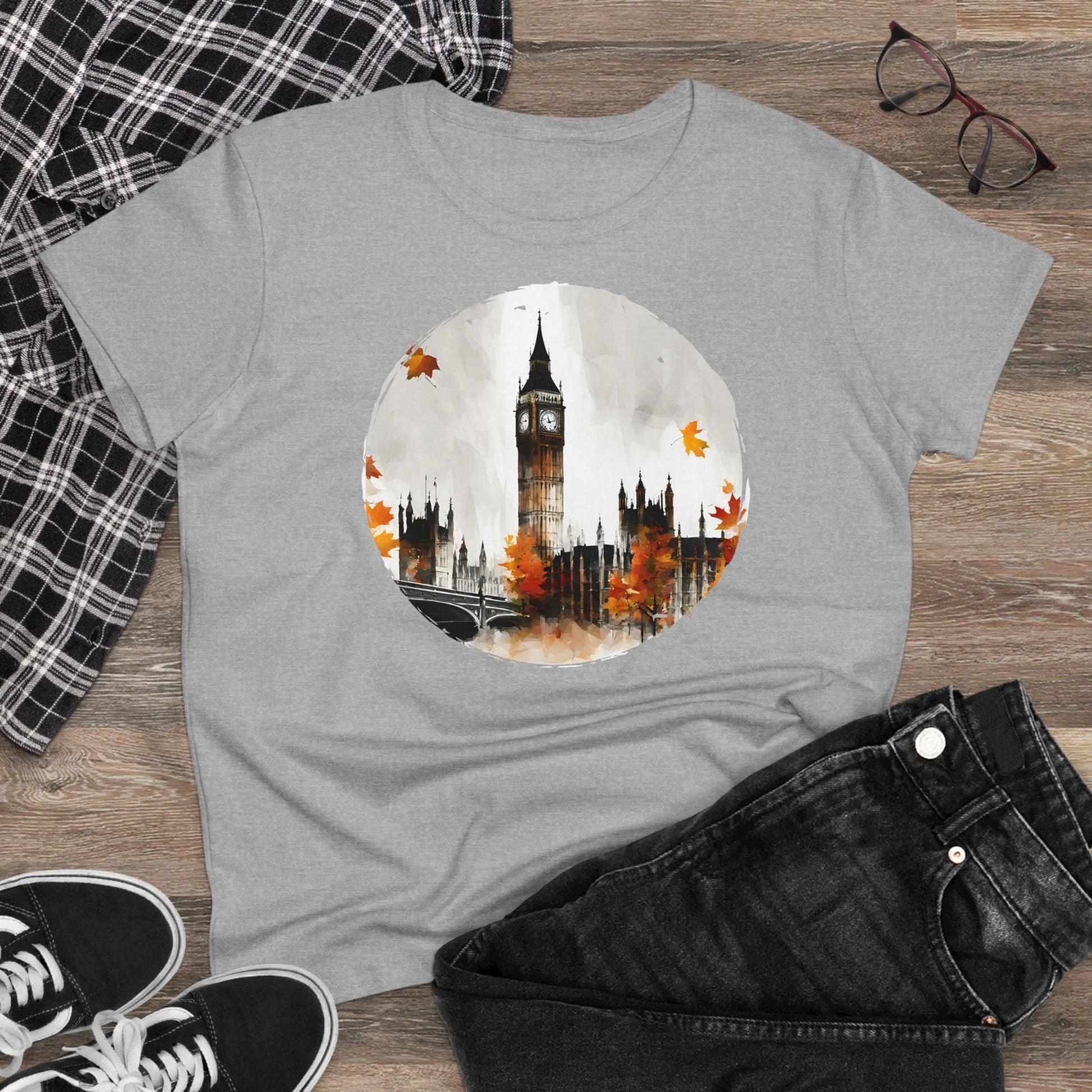 Damen Rundhals Shirt mit modernem Print - abstrakter Big Ben in London - tailliertes Kurzarm T-Shirt für Frauen - auch in großen Größen - 100% Baumwolle - 180 g/m² -