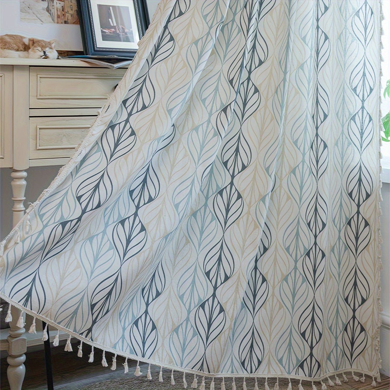 1 Stück Boho Vorhang mit Blattmuster & Quasten – Halbtransparenter Dekovorhang für Wohnzimmer & Schlafzimmer, in 10 Größen