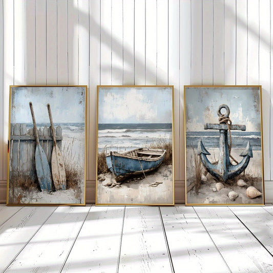 Maritimes 3er-Set mit sommerliche Leinwanddrucke – stilvolle Poster mit Boot, Ruder und Anker vor dem Meer - ohne Rahmen in vier Größen