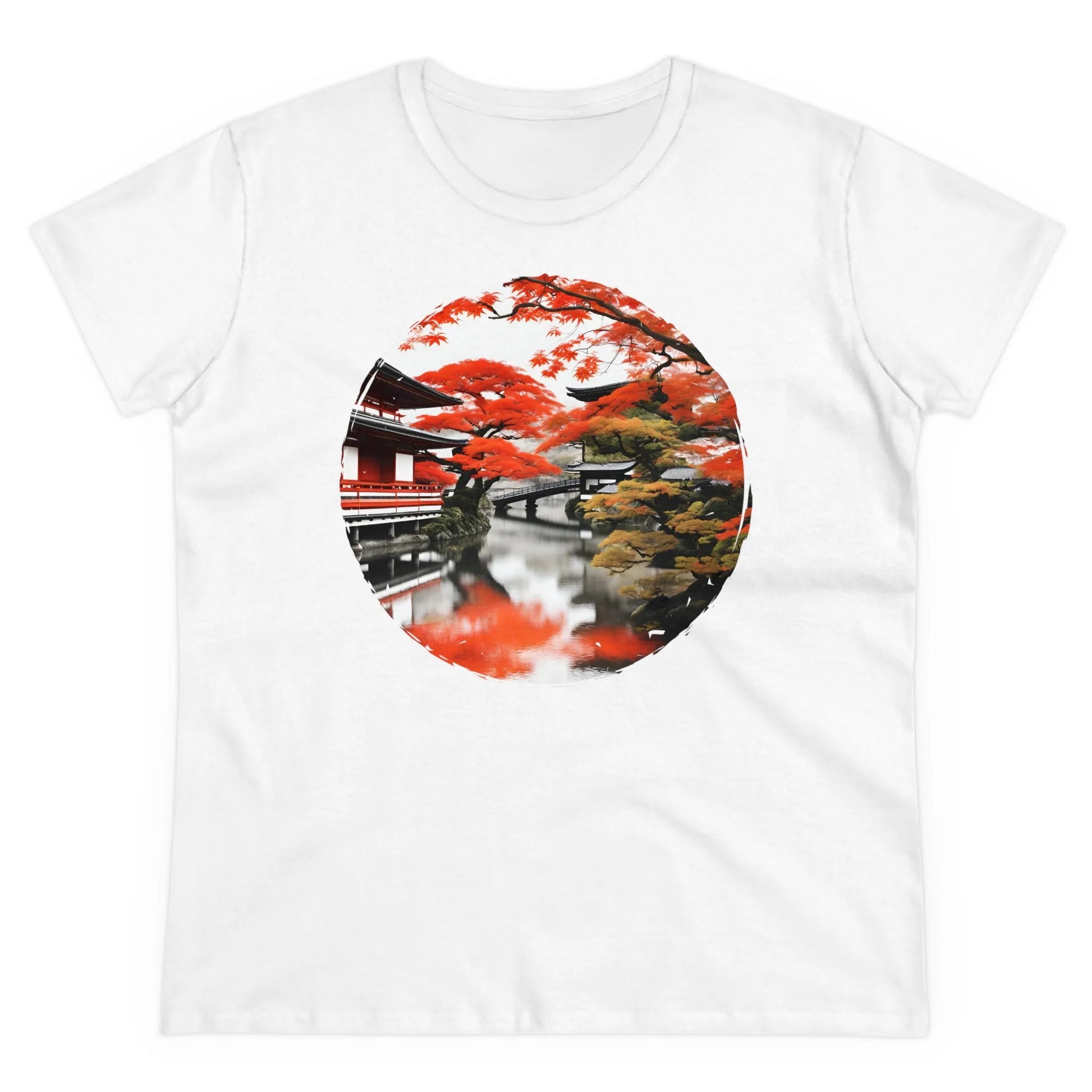 Damen Rundhals Shirt mit modernem Print - Abstrakte Landschaft in Japan - tailliertes Kurzarm T-Shirt für Frauen - auch in großen Größen - 100% Baumwolle - 180 g/m² - White