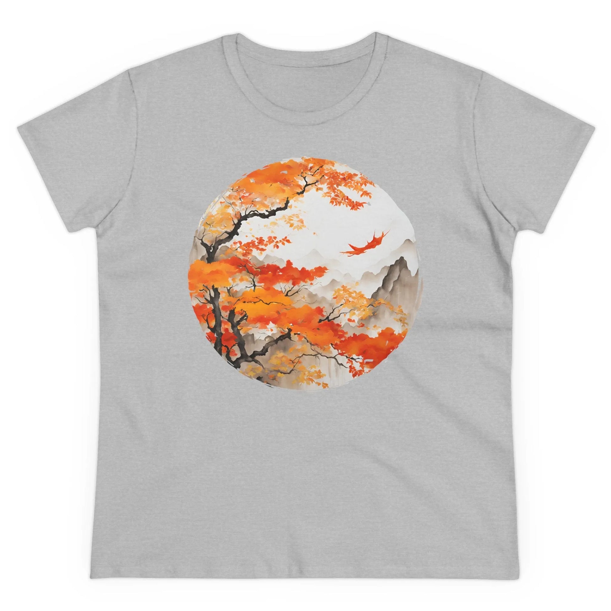 Damen Rundhals Shirt mit modernem Print - Abstrakte Landschaft mit Wälder und Berge in Japan - tailliertes Kurzarm T-Shirt für Frauen - auch in großen Größen - 100% Baumwolle - 180 g/m² - Sport Grey
