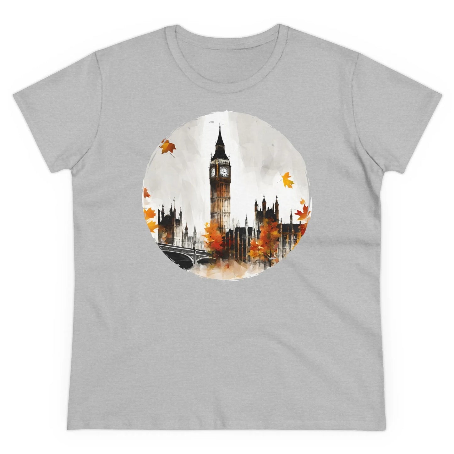 Damen Rundhals Shirt mit modernem Print - abstrakter Big Ben in London - tailliertes Kurzarm T-Shirt für Frauen - auch in großen Größen - 100% Baumwolle - 180 g/m² - Sport Grey