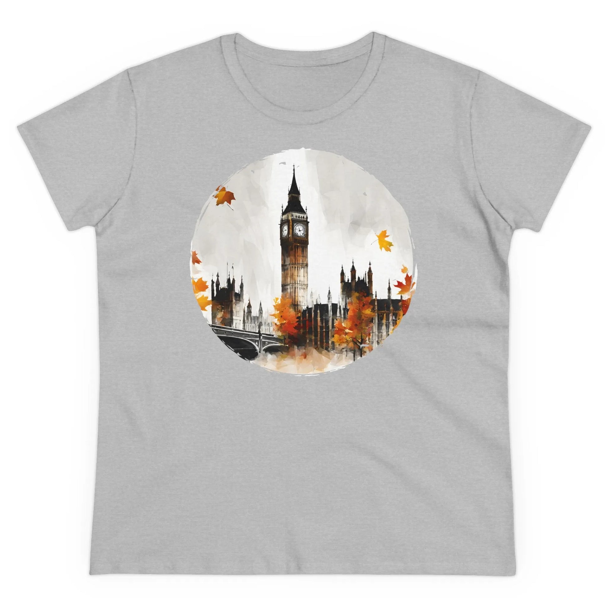 Damen Rundhals Shirt mit modernem Print - abstrakter Big Ben in London - tailliertes Kurzarm T-Shirt für Frauen - auch in großen Größen - 100% Baumwolle - 180 g/m² - Sport Grey