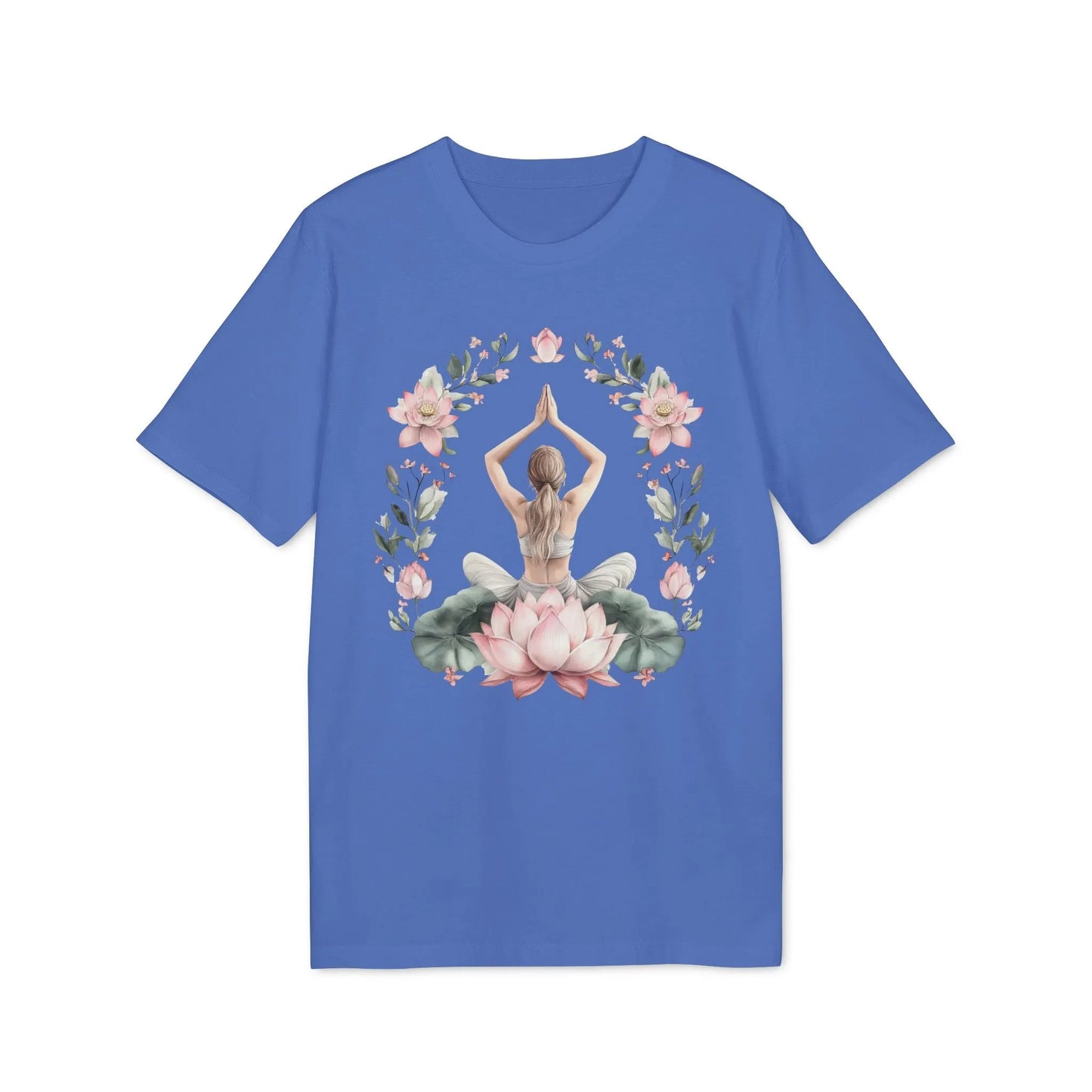 Unisex Yoga T-Shirt mit Aufdruck für Damen und Herren - kurzarm, 100% Bio Baumwolle, 180 g/m², in großen Größen, weiß und weitere Farben - Bright Blue
