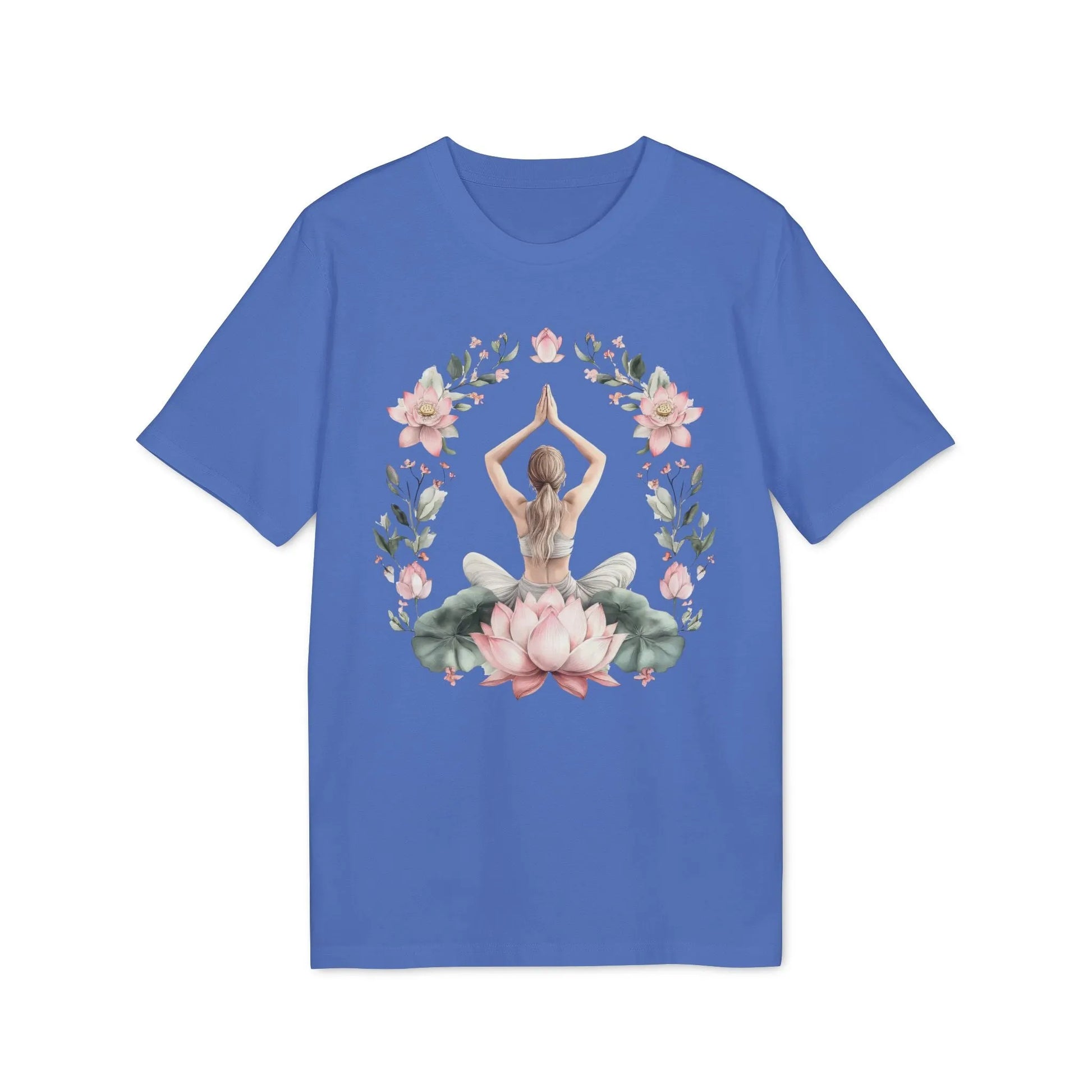 Unisex Yoga T-Shirt mit Aufdruck für Damen und Herren - kurzarm, 100% Bio Baumwolle, 180 g/m², in großen Größen, weiß und weitere Farben - Bright Blue