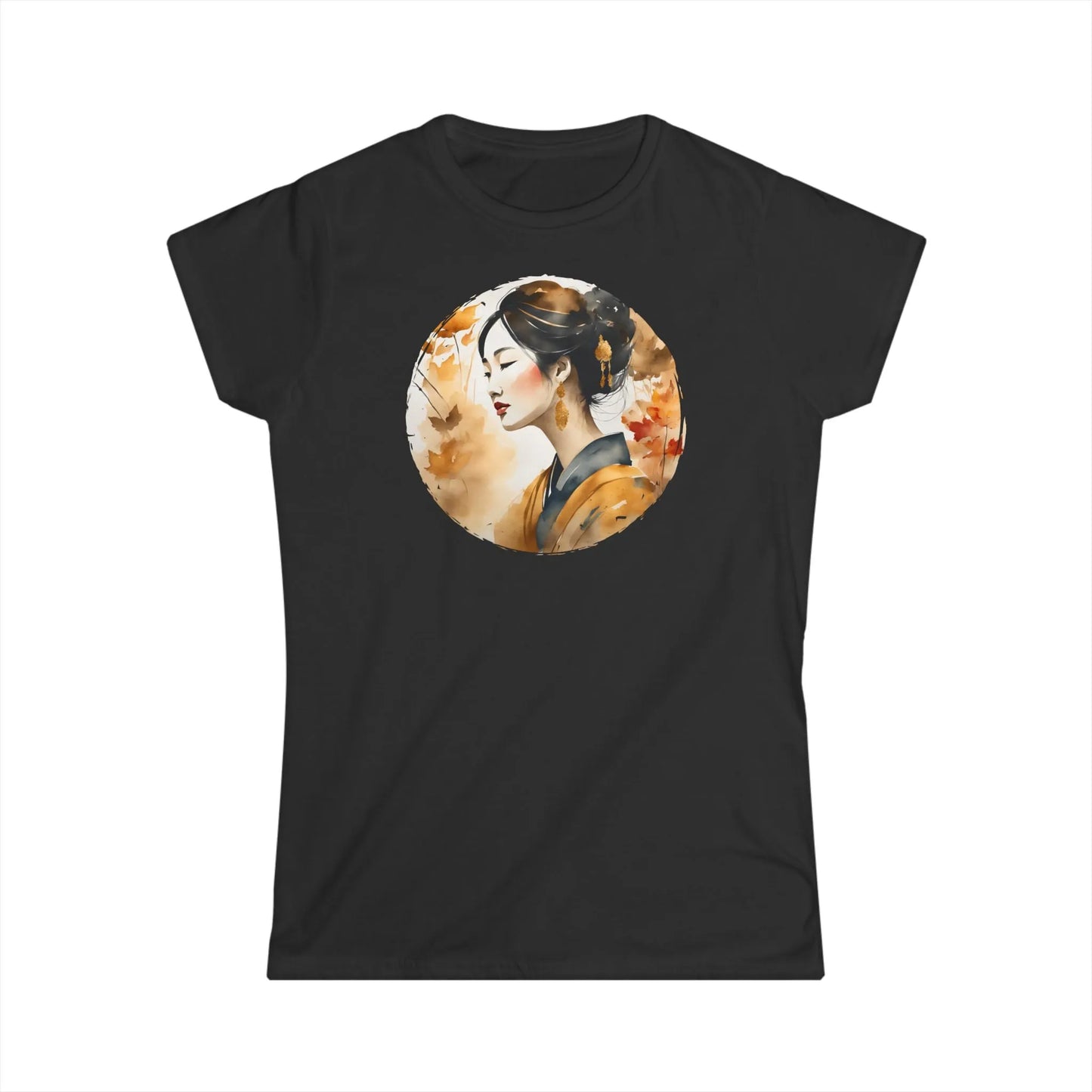 Tailliertes Damen Kurzarm T-Shirt mit Aufdruck – Frau in Japan im Herbst - 100% Baumwolle - 153 g/m² - auch in großen Größen - Black