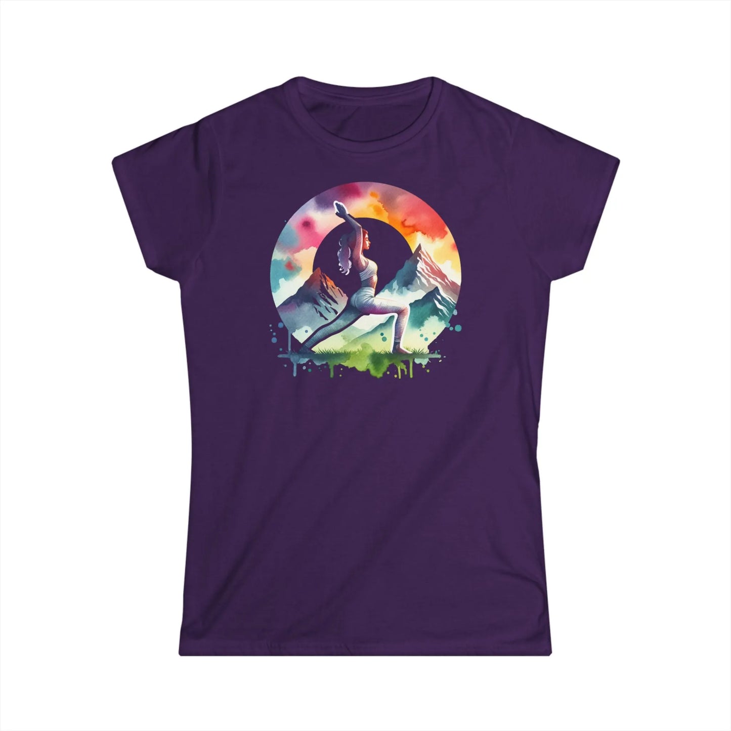 Tailliertes Damen Kurzarm T-Shirt mit Aufdruck – Frauen Shirt mit buntem Yoga Motiv - 100% Baumwolle - 153 g/m² - auch in großen Größen – in vielen Farben - Purple