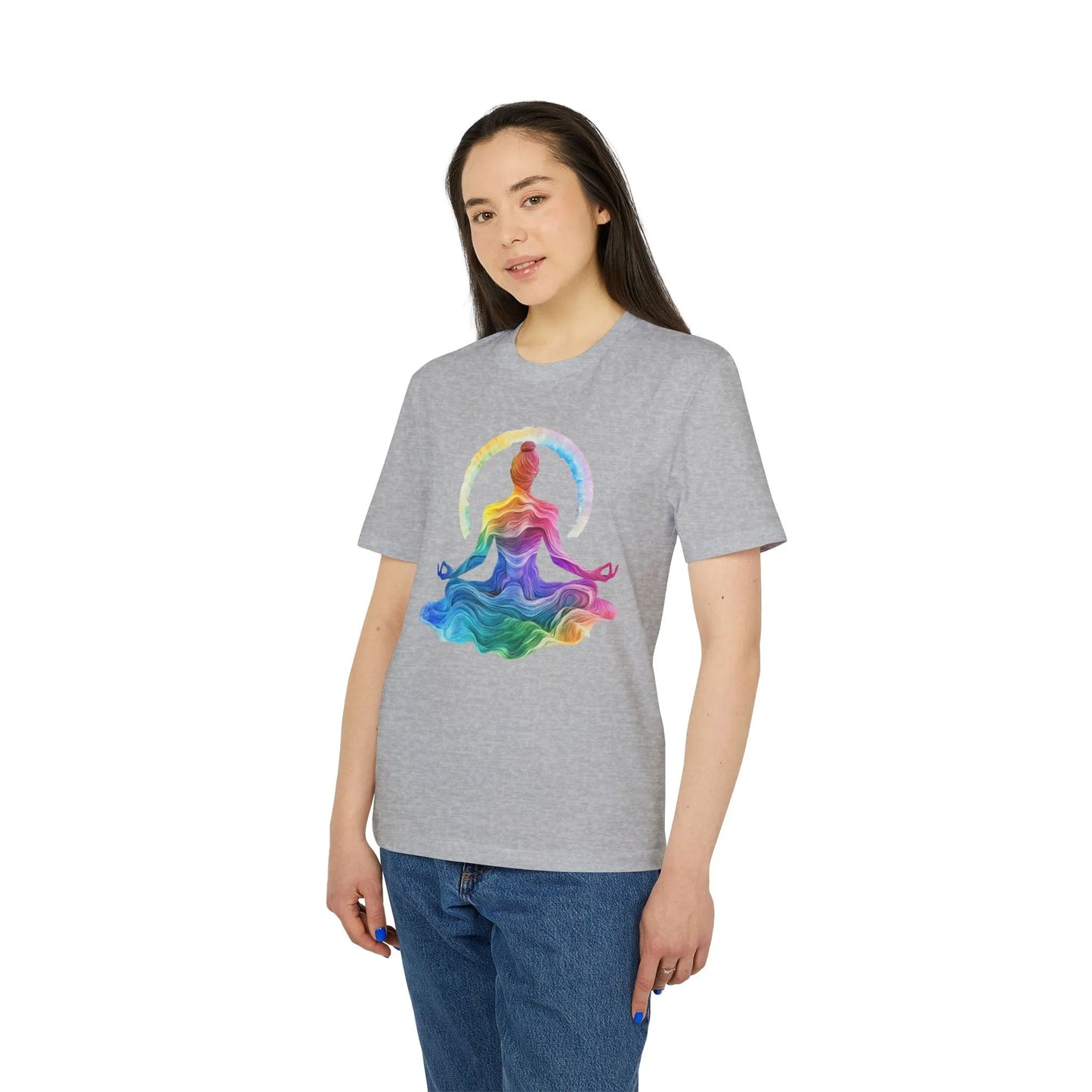 Unisex Yoga T-Shirt mit Aufdruck für Damen und Herren - Regenbogen Farben, kurzarm, 100% Bio Baumwolle, 180 g/m², in großen Größen, weiß und weitere Farben -