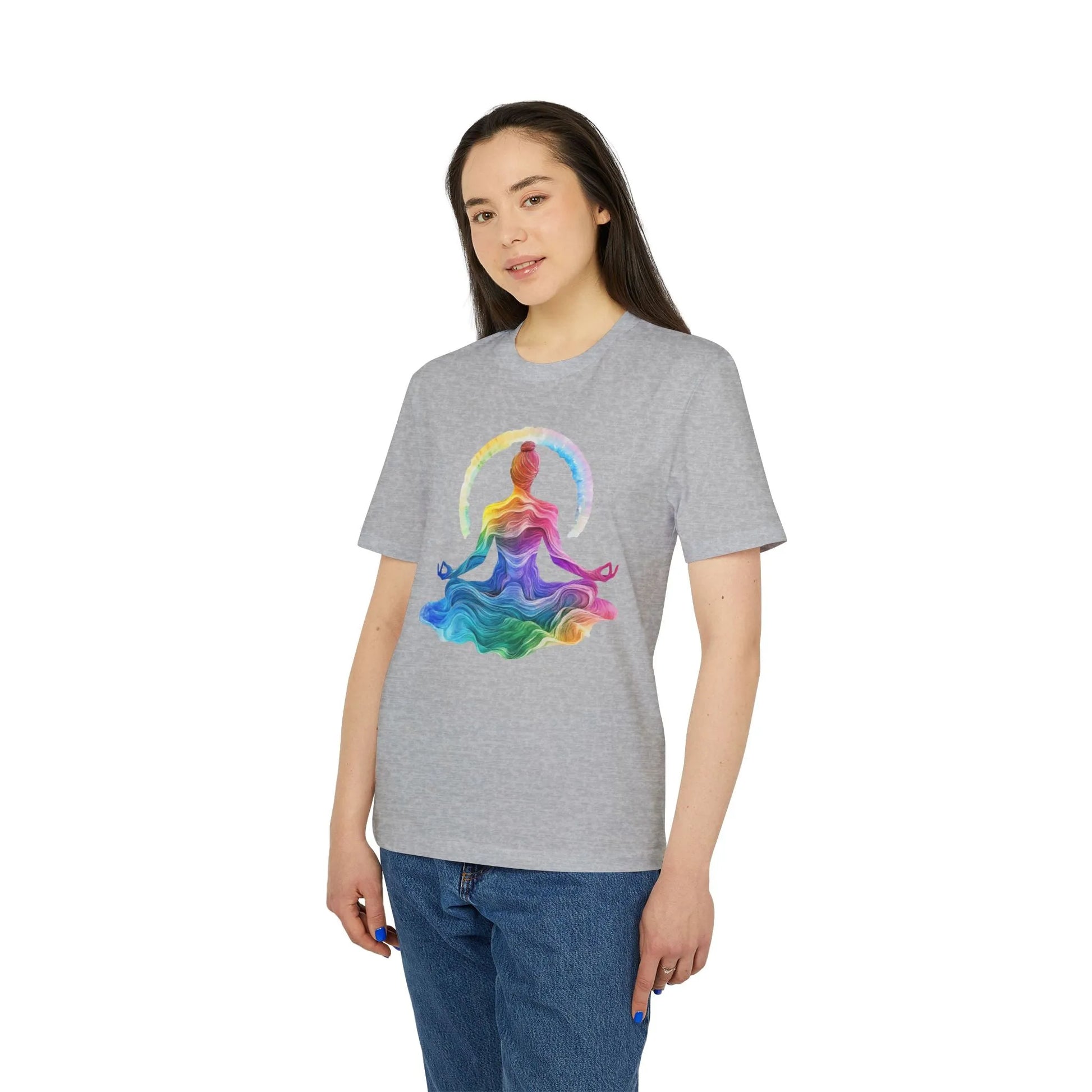 Unisex Yoga T-Shirt mit Aufdruck für Damen und Herren - Regenbogen Farben, kurzarm, 100% Bio Baumwolle, 180 g/m², in großen Größen, weiß und weitere Farben -