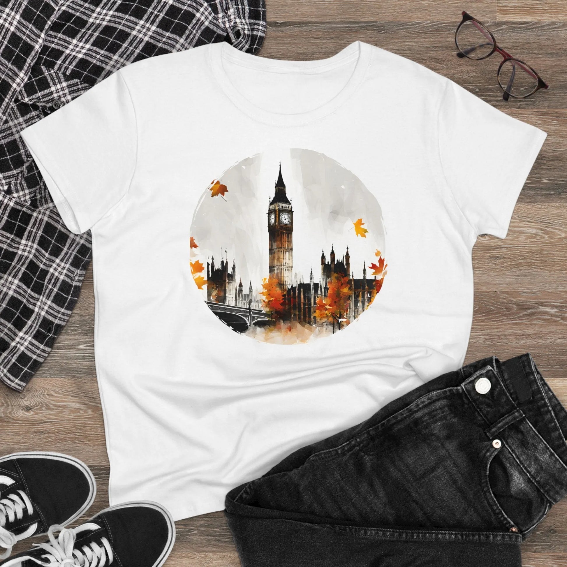 Damen Rundhals Shirt mit modernem Print - abstrakter Big Ben in London - tailliertes Kurzarm T-Shirt für Frauen - auch in großen Größen - 100% Baumwolle - 180 g/m² -