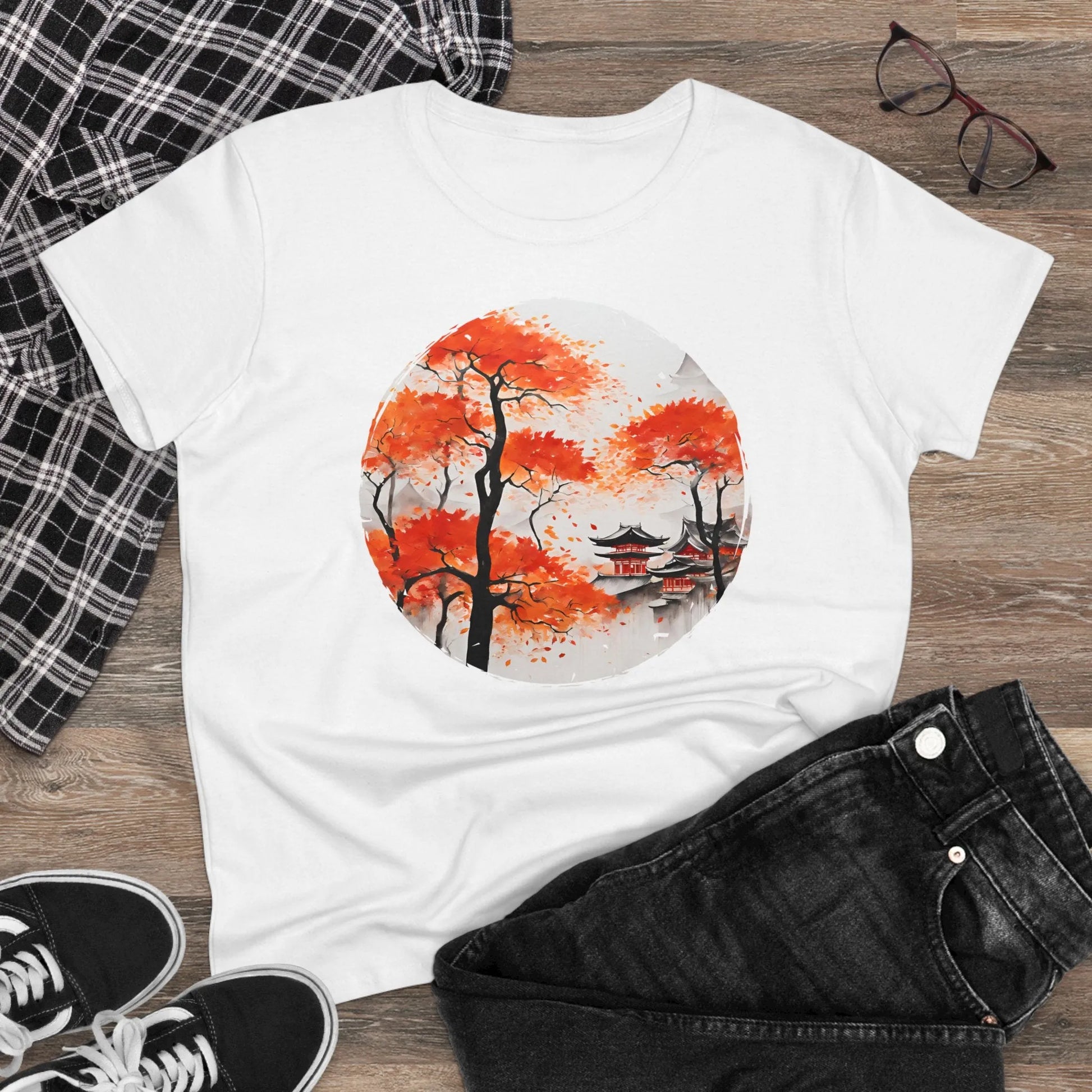 Damen Rundhals Shirt mit modernem Print - Abstrakte Landschaft in Japan - tailliertes Kurzarm T-Shirt für Frauen - auch in großen Größen - 100% Baumwolle - 180 g/m² -