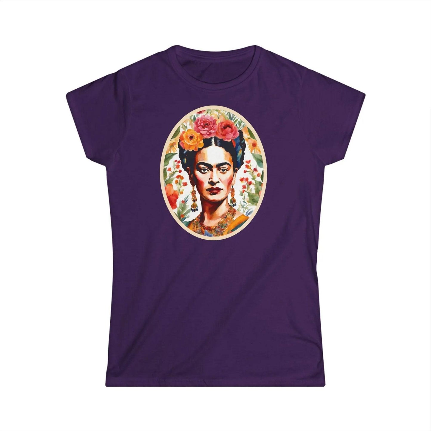 Tailliertes Damen Kurzarm T-Shirt mit Aufdruck – Frida Kahlo im Blumen Rahmen - 100% Baumwolle - 153 g/m² - auch in großen Größen - viele Farben - Purple