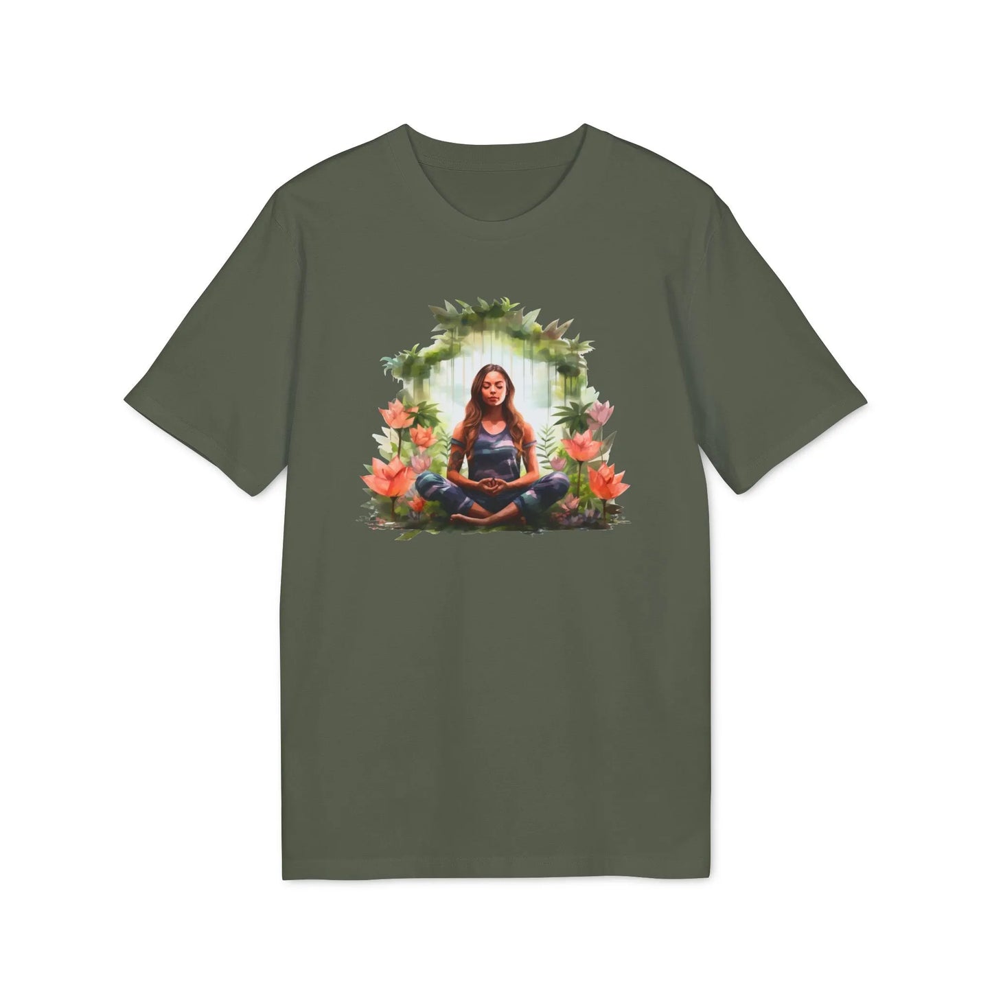 Unisex Yoga T-Shirt mit Aufdruck für Damen und Herren - kurzarm, 100% Bio Baumwolle, 180 g/m², in großen Größen, weiß und weitere Farben - Khaki