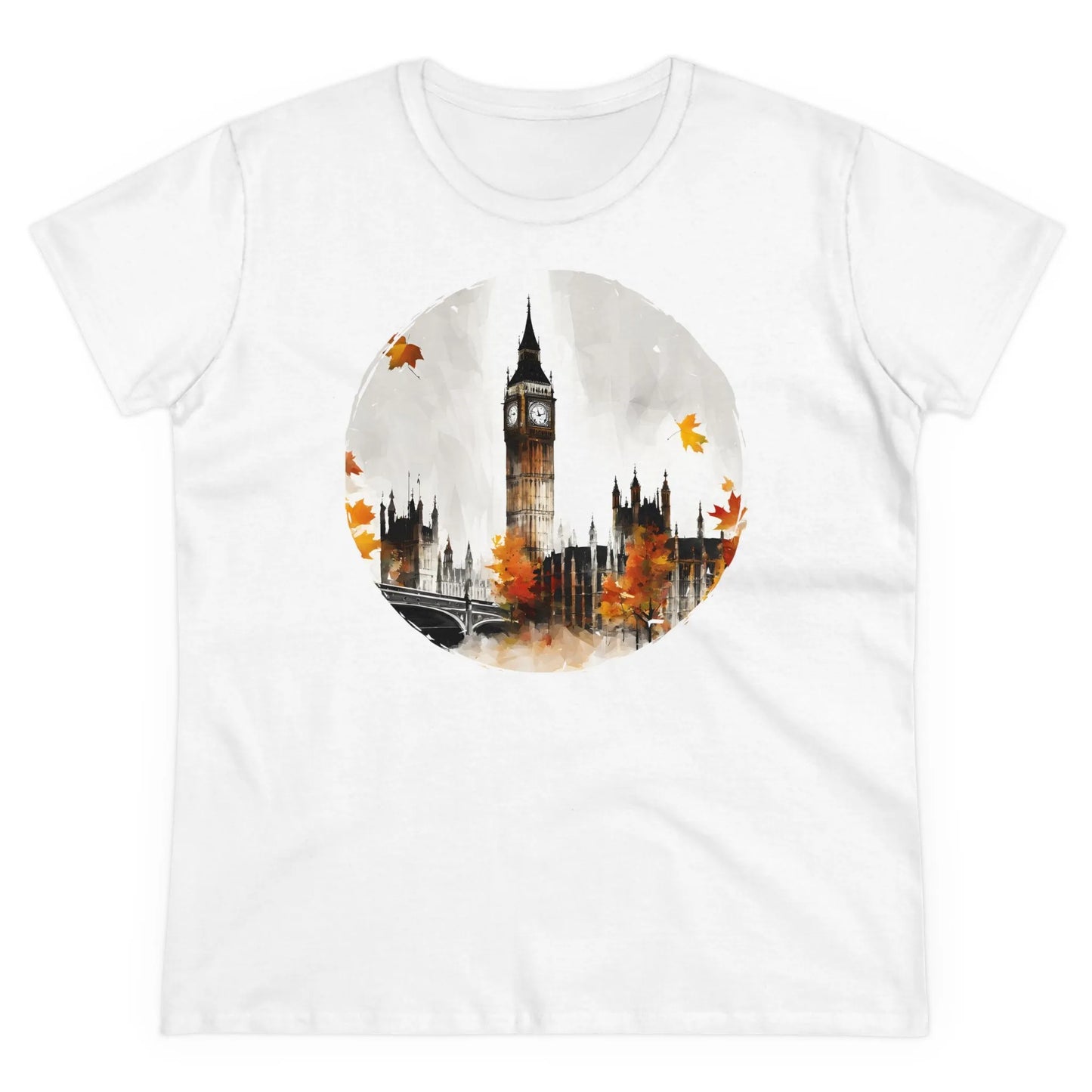 Damen Rundhals Shirt mit modernem Print - abstrakter Big Ben in London - tailliertes Kurzarm T-Shirt für Frauen - auch in großen Größen - 100% Baumwolle - 180 g/m² - White