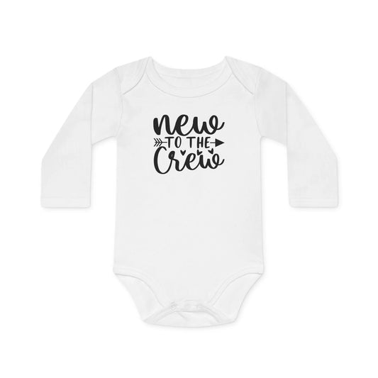 Langarm Baby und Kinder Bio Body mit Spruch "Mew to the crew" - Unisex Bodysuit mit Aufdruck für Neugeborene und Kleinkinder - 100% Bio Baumwolle, 200 g/m², bis 18 Monate bzw. 86cm - mehrere Farben und Größen - White