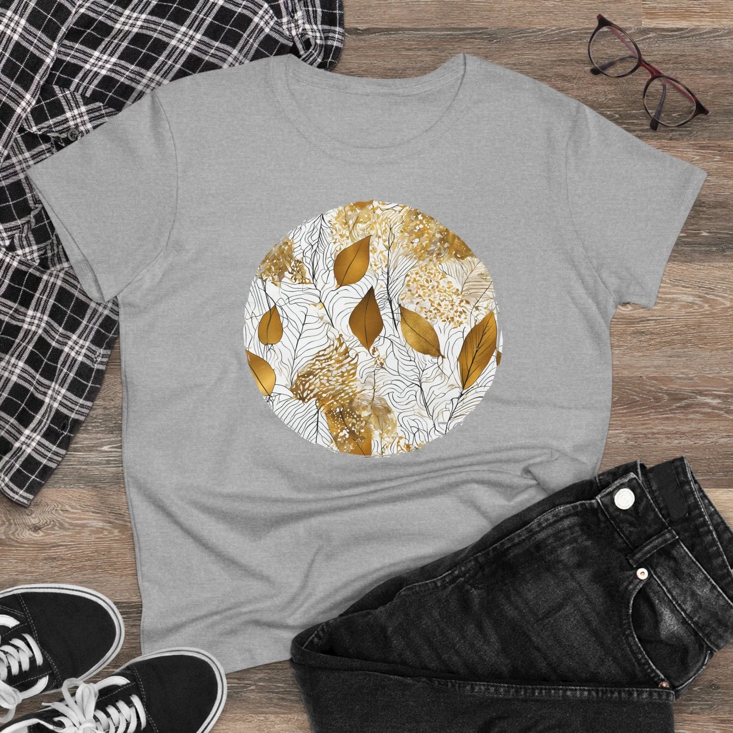 Damen Rundhals Shirt mit modernem Print - Abstraktes Motiv in gold weiß - tailliertes Kurzarm T-Shirt für Frauen - auch in großen Größen - 100% Baumwolle - 180 g/m² -