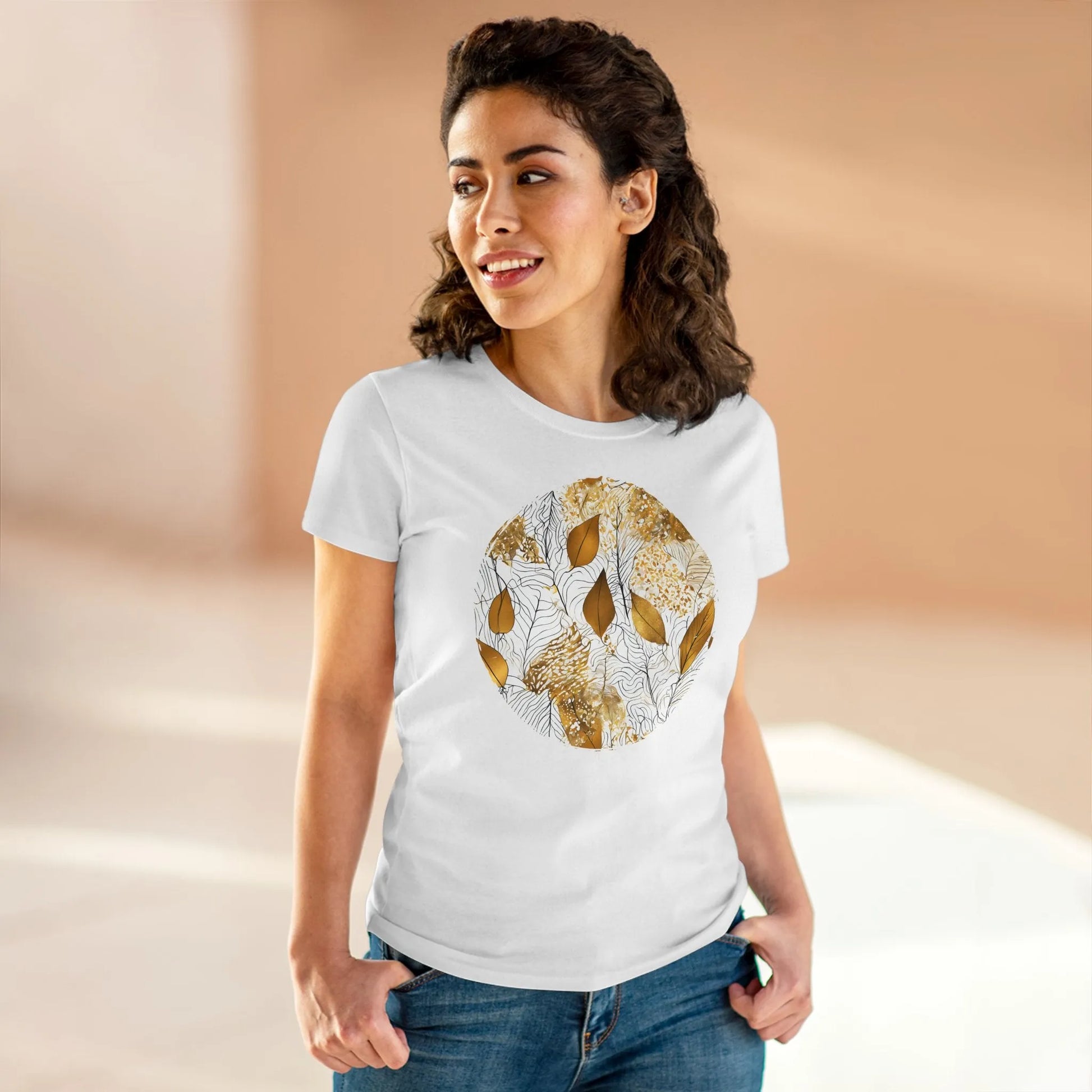 Damen Rundhals Shirt mit modernem Print - Abstraktes Motiv in gold weiß - tailliertes Kurzarm T-Shirt für Frauen - auch in großen Größen - 100% Baumwolle - 180 g/m² -