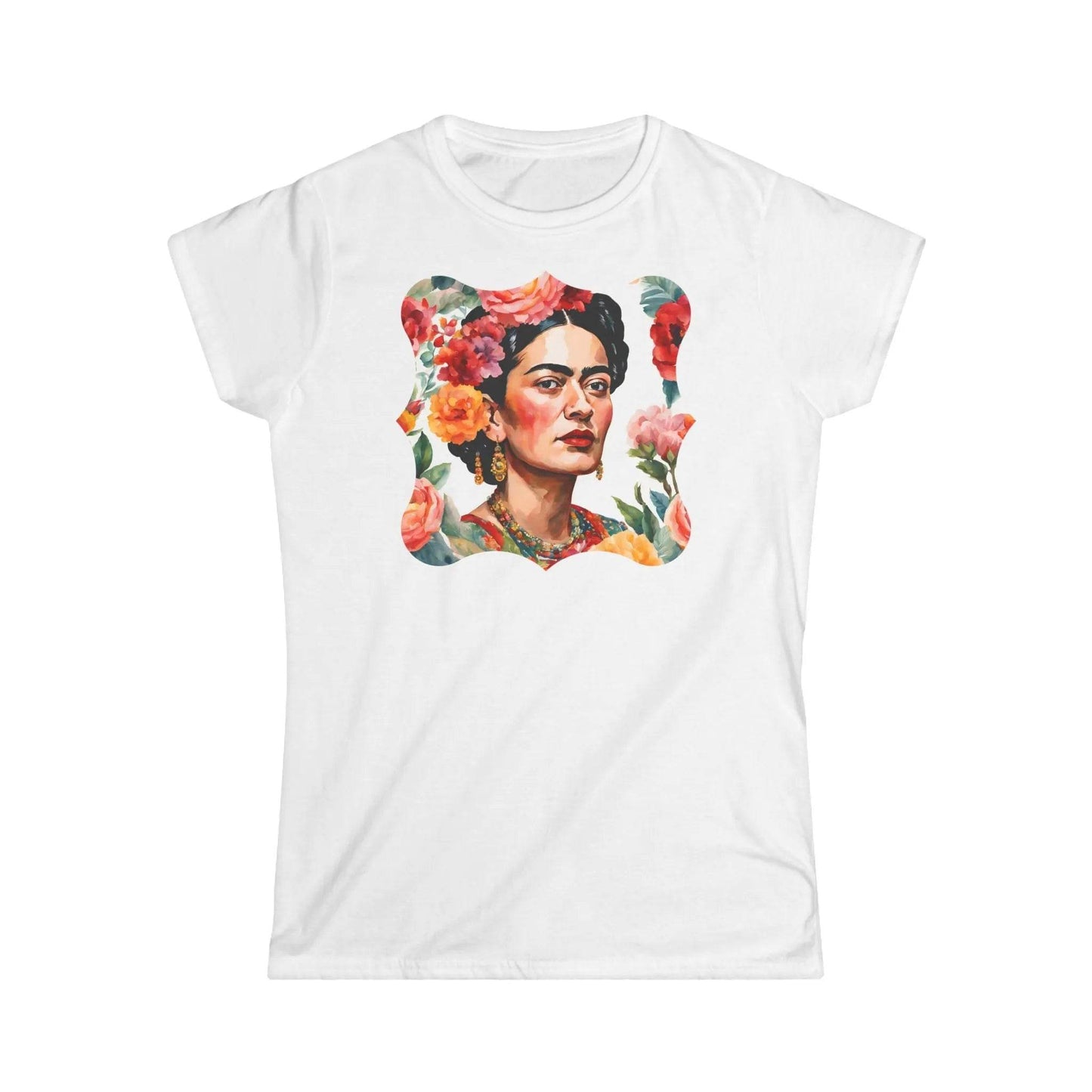 Tailliertes Damen Kurzarm T-Shirt mit Aufdruck – Frida Kahlo mit Blumen - 100% Baumwolle - 153 g/m² - auch in großen Größen – viele Farben - White