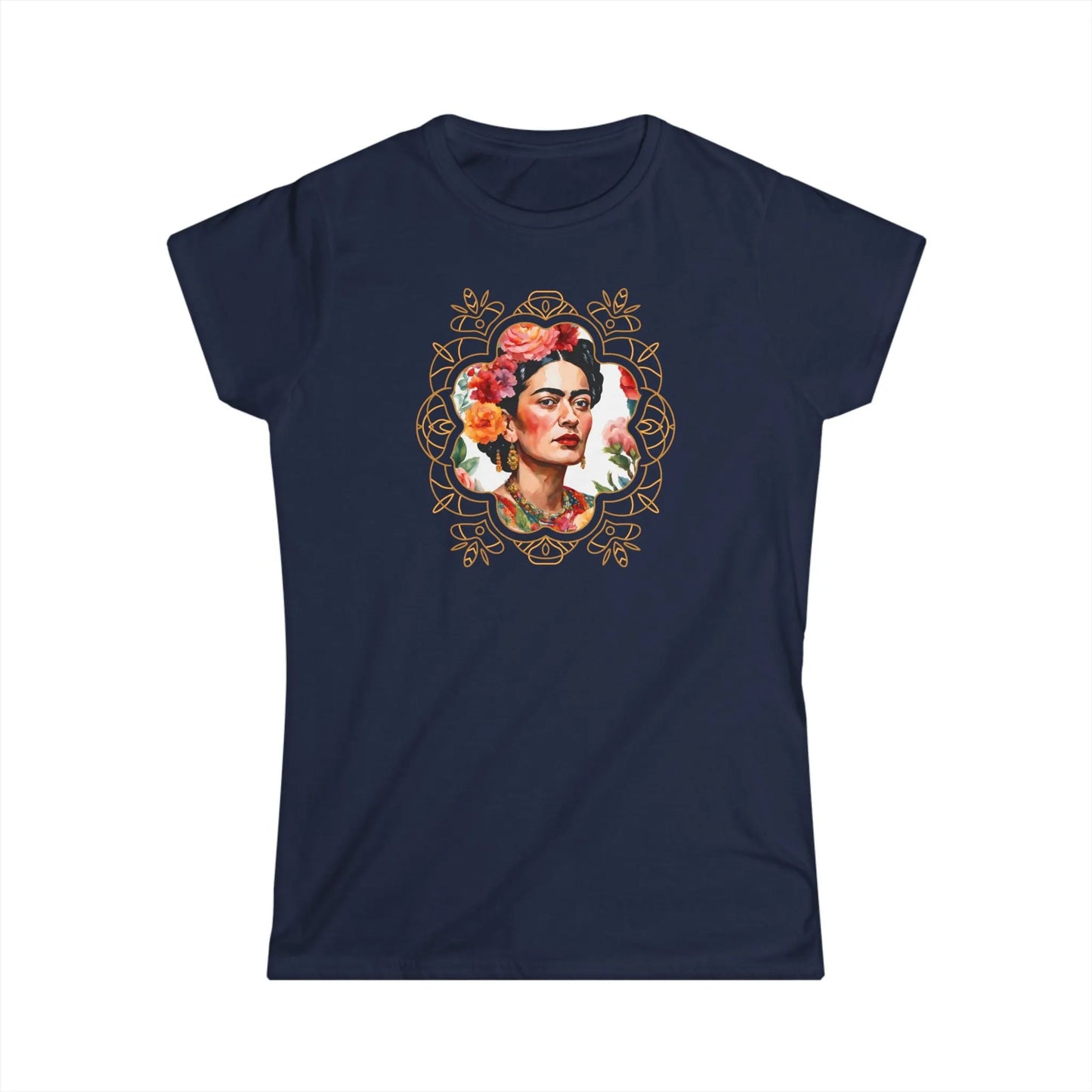 Tailliertes Damen Kurzarm T-Shirt mit Aufdruck – Frida Kahlo Print im abstrakten Rahmen - 100% Baumwolle - 153 g/m² - auch in großen Größen - viele Farben - Navy