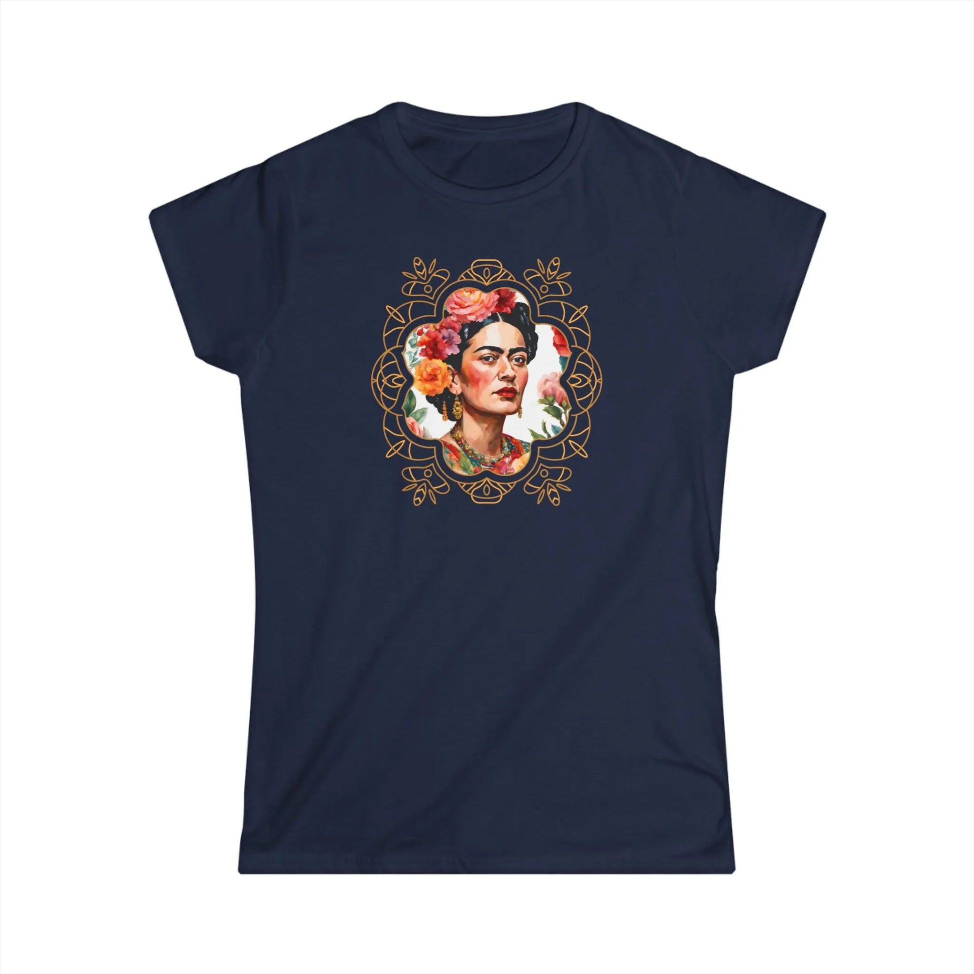 Tailliertes Damen Kurzarm T-Shirt mit Aufdruck – Frida Kahlo Print im abstrakten Rahmen - 100% Baumwolle - 153 g/m² - auch in großen Größen - viele Farben - Navy