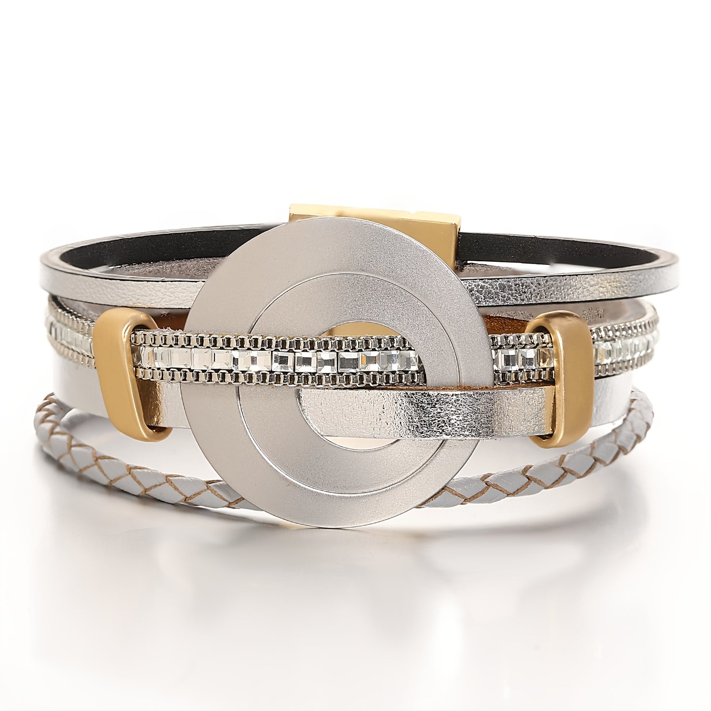 4-teiliges Damen Kunstleder Armband mit Kristallperlen & Goldfarbenem Rundanhänger - 19,2cm lang - in drei tollen Farbrichtungen