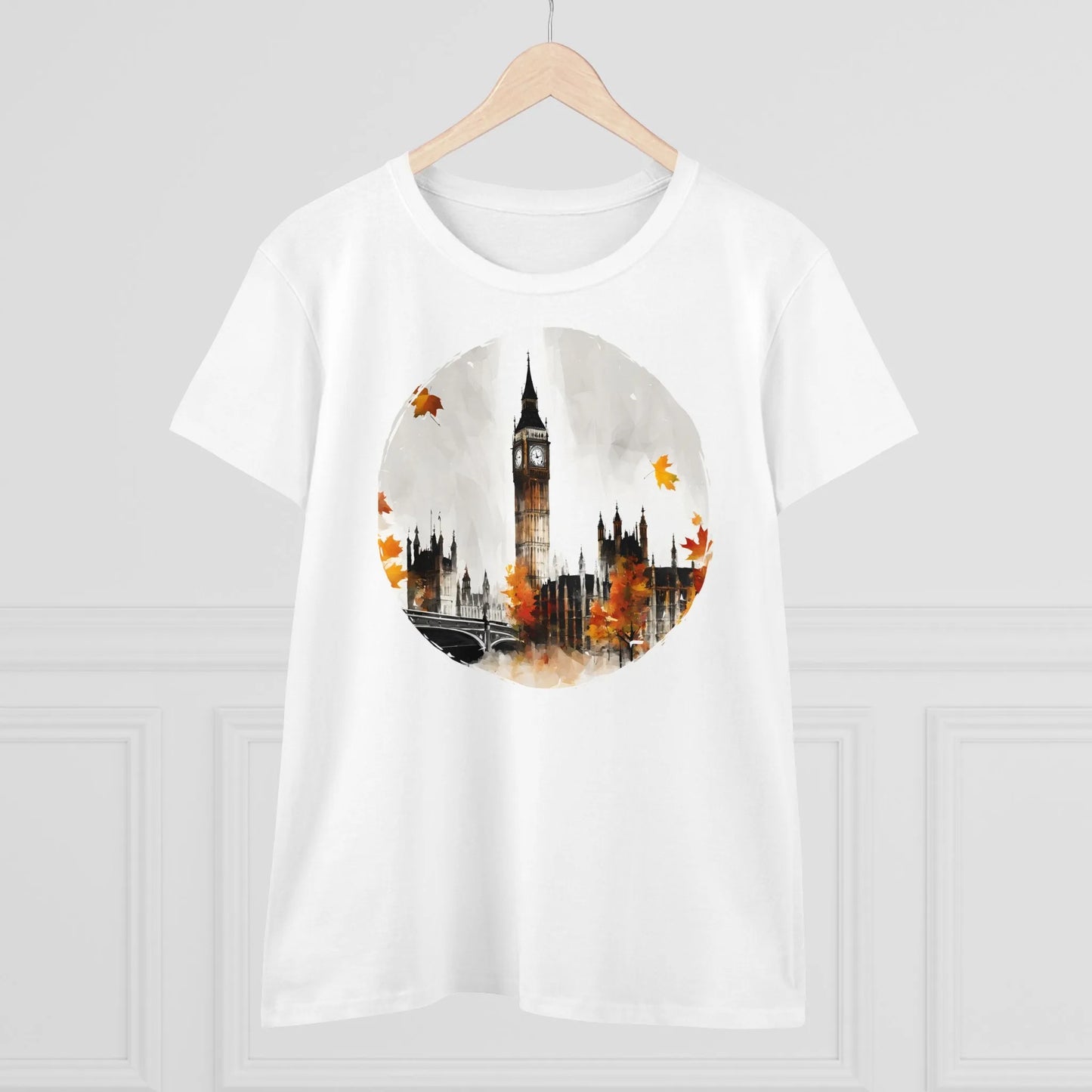 Damen Rundhals Shirt mit modernem Print - abstrakter Big Ben in London - tailliertes Kurzarm T-Shirt für Frauen - auch in großen Größen - 100% Baumwolle - 180 g/m² -