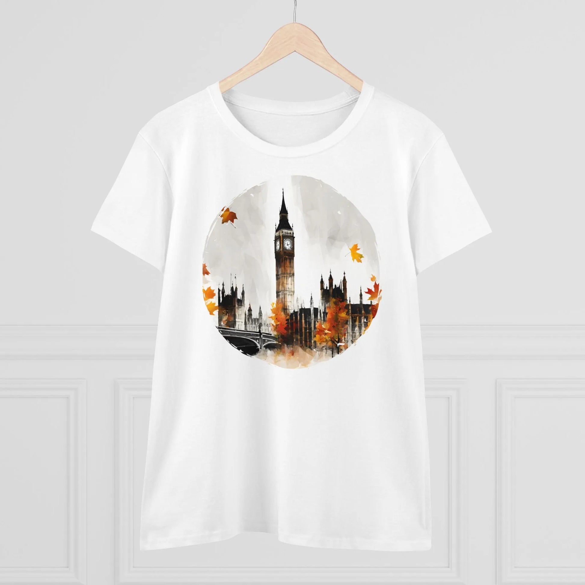 Damen Rundhals Shirt mit modernem Print - abstrakter Big Ben in London - tailliertes Kurzarm T-Shirt für Frauen - auch in großen Größen - 100% Baumwolle - 180 g/m² -
