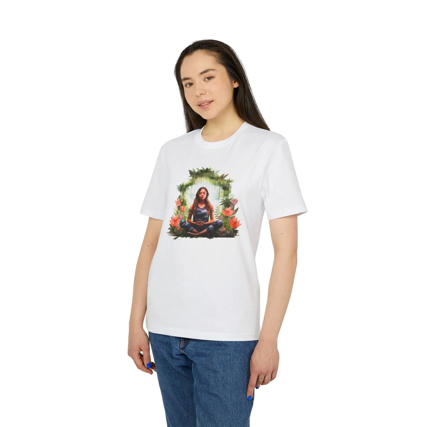 Unisex Yoga T-Shirt mit Aufdruck für Damen und Herren - kurzarm, 100% Bio Baumwolle, 180 g/m², in großen Größen, weiß und weitere Farben -