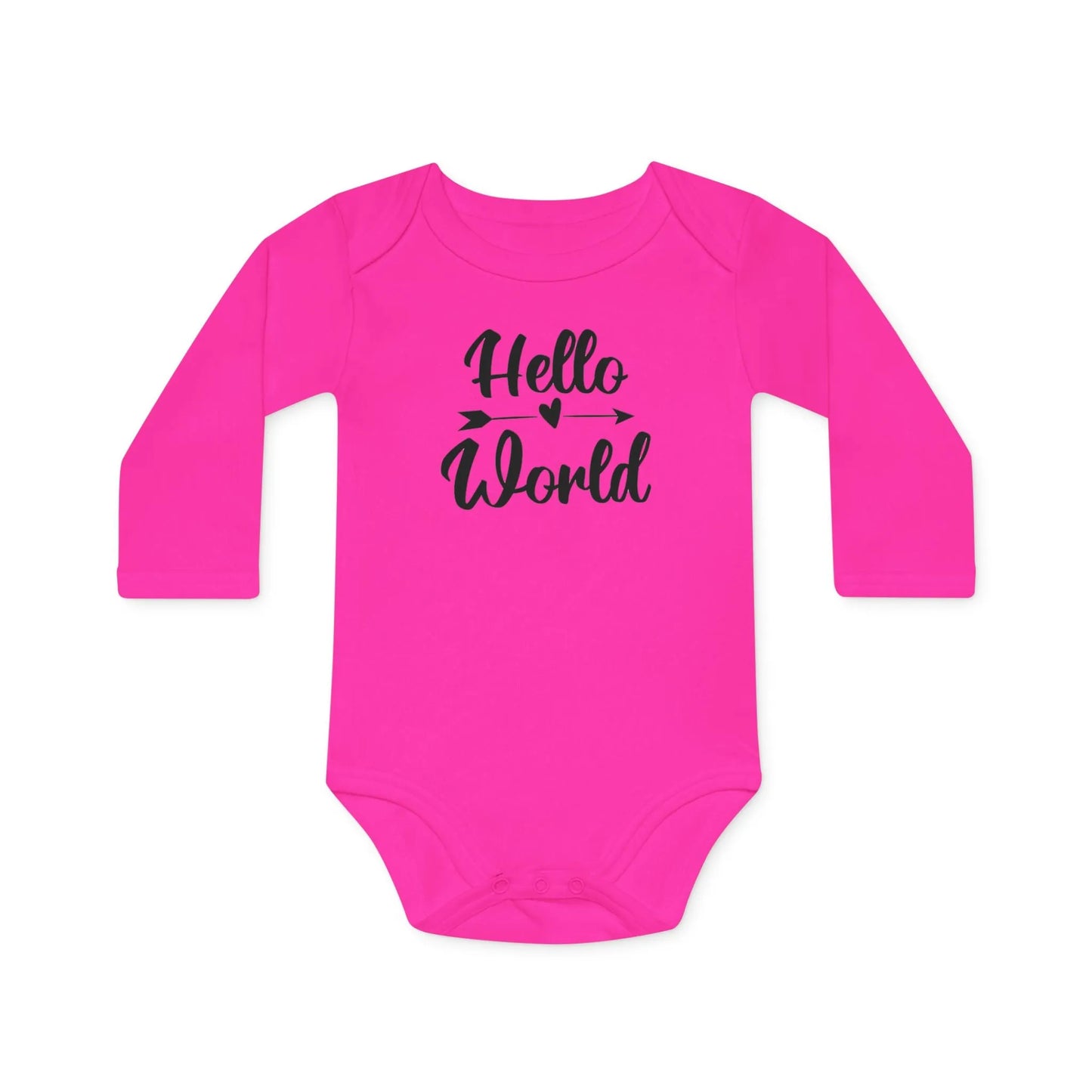 Langarm Baby und Kinder Bio Body mit Spruch Hello World - Unisex Bodysuit mit Aufdruck für Neugeborene und Kleinkinder - 100% Bio Baumwolle, 200 g/m², bis 18 Monate bzw. 86cm - Fuchsia
