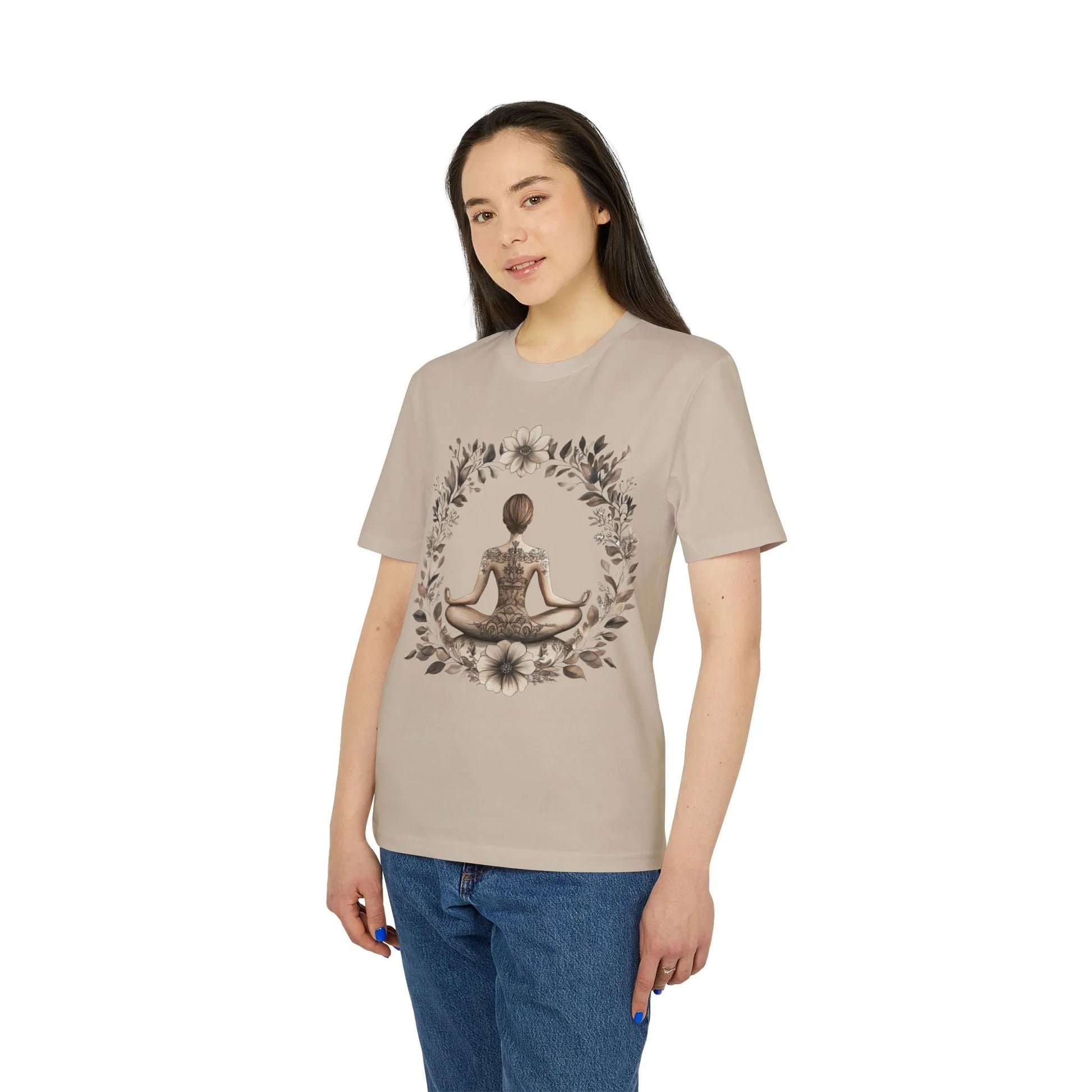 Unisex Yoga T-Shirt mit Aufdruck für Damen - kurzarm, 100% Bio Baumwolle, 180 g/m², in großen Größen, weiß und weitere Farben -