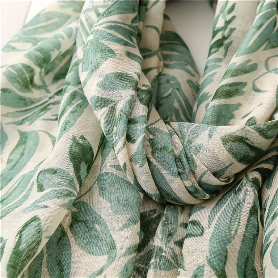 Großer Damen Schal mit bezauberndem Blättermotiv in hübschen Grün-Töne - 85 × 185 cm - mit Bananenblatt-Print in Mint/Petrol sowie pfiffige Fransen - 100 % Polyester