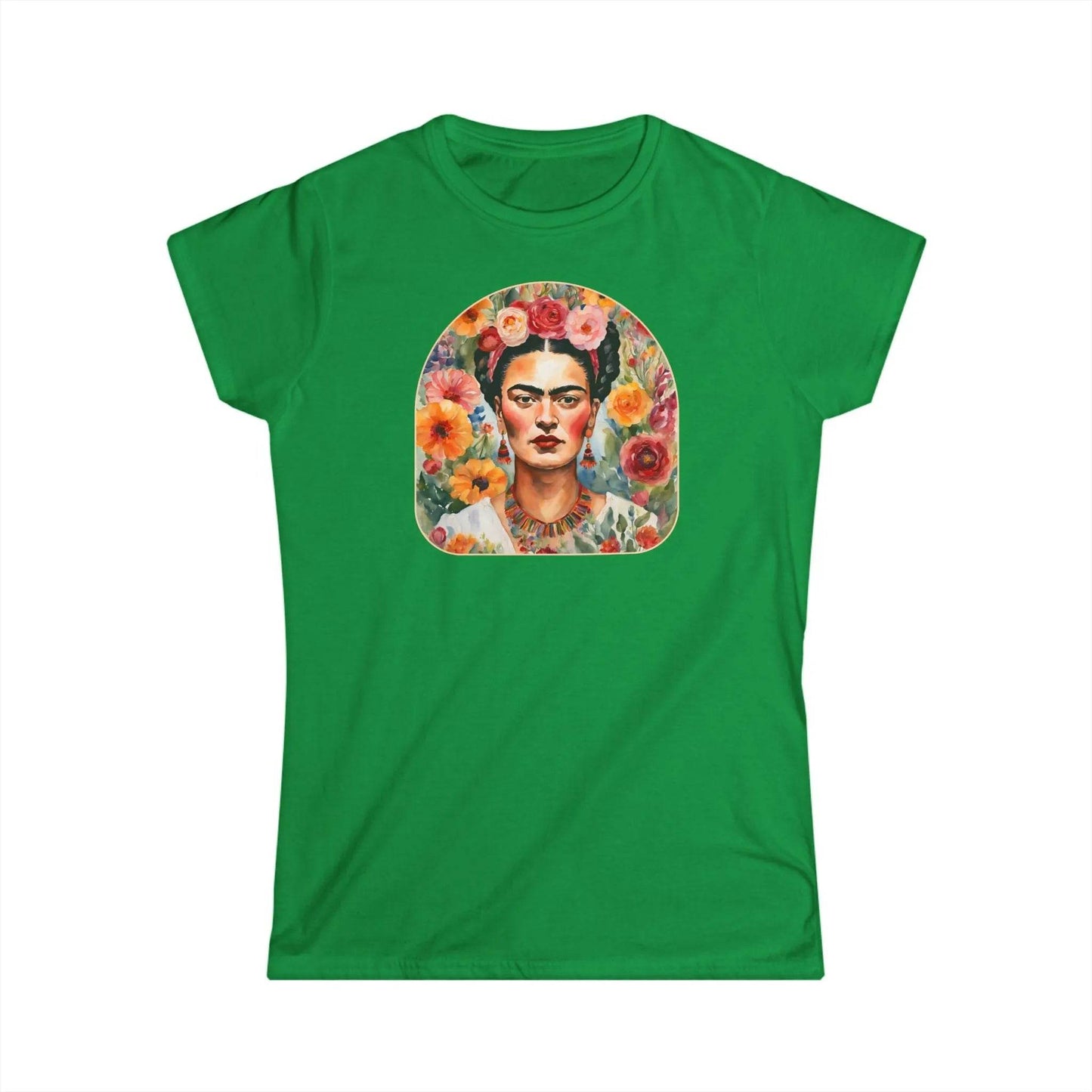Tailliertes Damen Kurzarm T-Shirt mit Aufdruck – bunter Frida Kahlo Blumen Print - 100% Baumwolle - 153 g/m² - auch in großen Größen - viele Farben - Irish Green