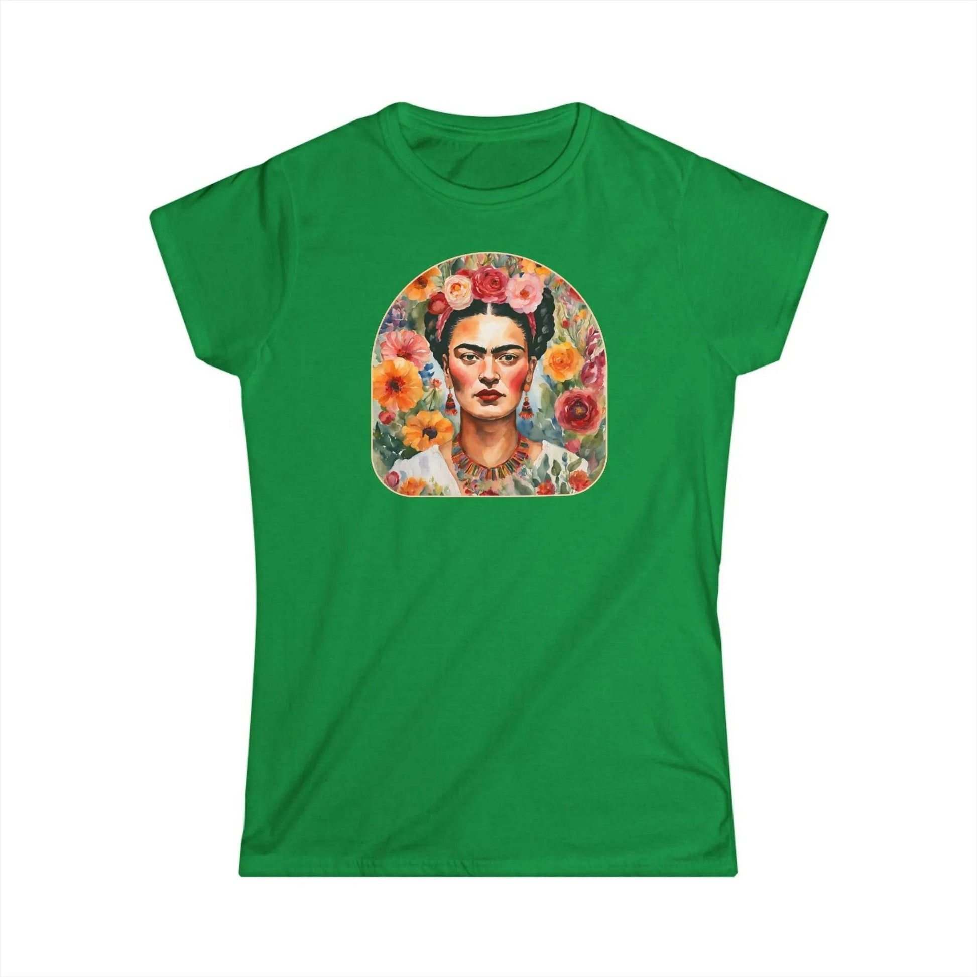 Tailliertes Damen Kurzarm T-Shirt mit Aufdruck – bunter Frida Kahlo Blumen Print - 100% Baumwolle - 153 g/m² - auch in großen Größen - viele Farben - Irish Green