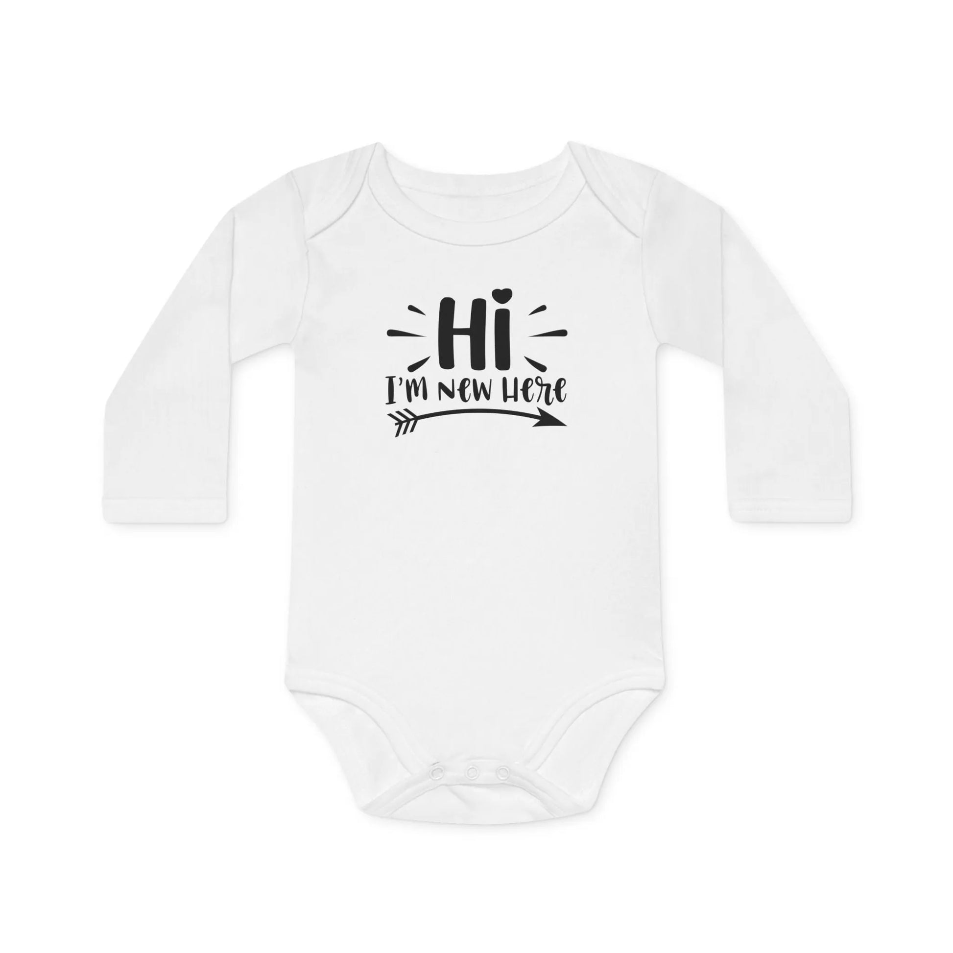 Langarm Baby und Kinder Bio Body mit Spruch "Hi - I´m new here" - Unisex Bodysuit mit Aufdruck für Neugeborene und Kleinkinder - 100% Bio Baumwolle, 200 g/m², bis 18 Monate bzw. 86cm - White