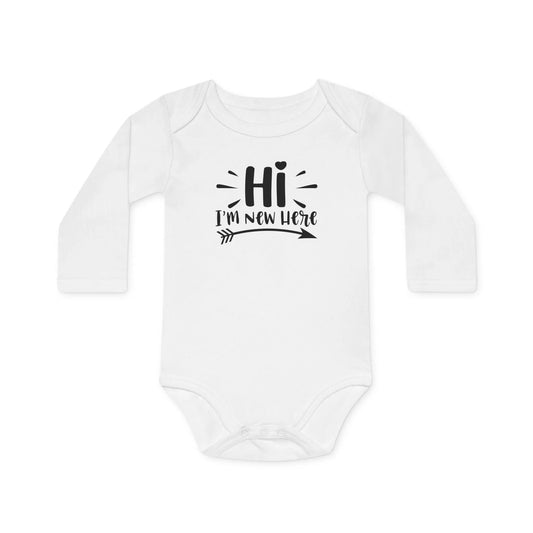 Langarm Baby und Kinder Bio Body mit Spruch "Hi - I´m new here" - Unisex Bodysuit mit Aufdruck für Neugeborene und Kleinkinder - 100% Bio Baumwolle, 200 g/m², bis 18 Monate bzw. 86cm - White