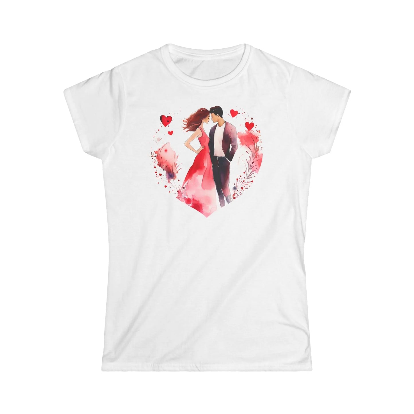 Tailliertes Damen Kurzarm T-Shirt mit Aufdruck - verliebtes Paar vor großem Herz am Valentinstag - 100% Baumwolle - 153 g/m² - auch in großen Größen - in vielen Farben - White