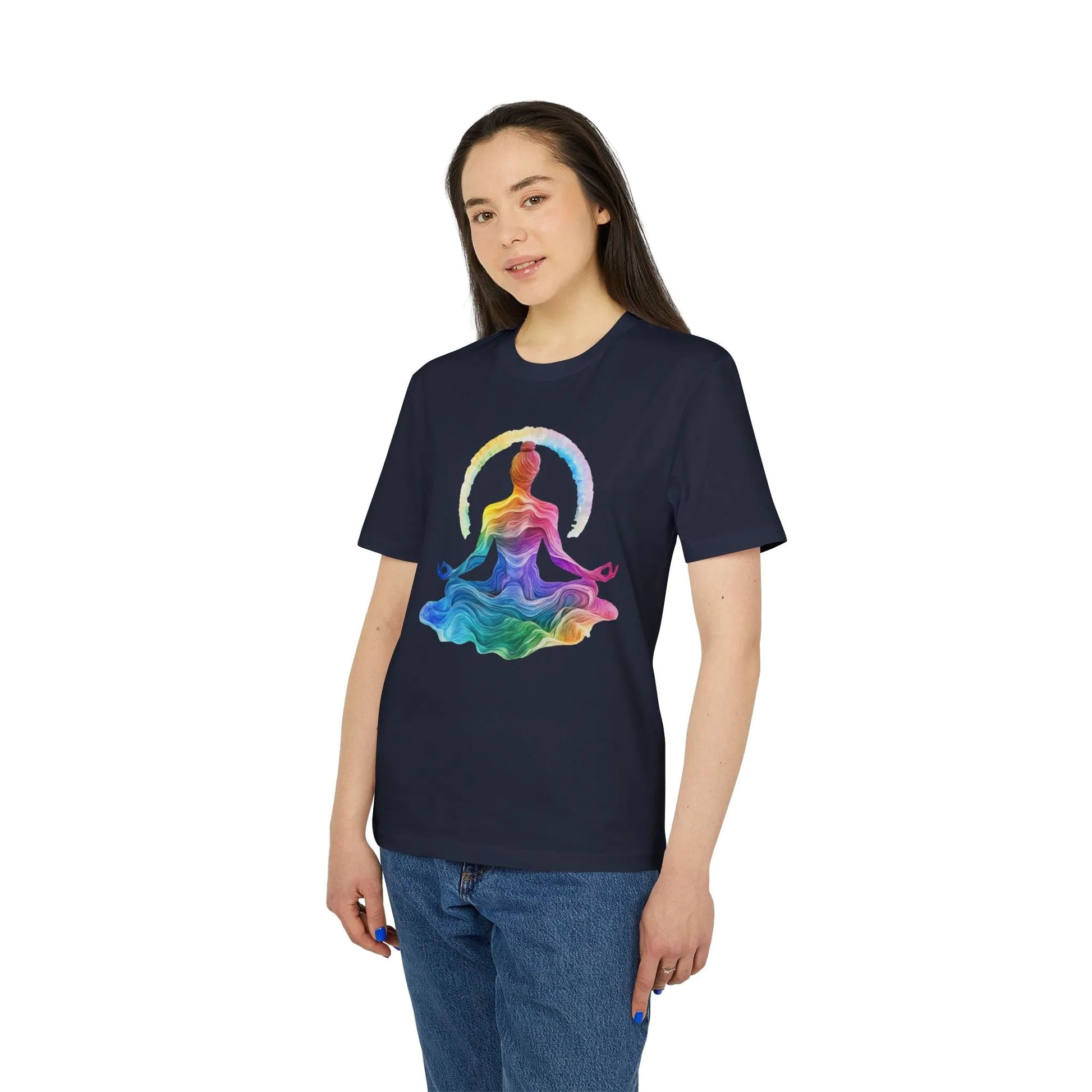 Unisex Yoga T-Shirt mit Aufdruck für Damen und Herren - Regenbogen Farben, kurzarm, 100% Bio Baumwolle, 180 g/m², in großen Größen, weiß und weitere Farben -