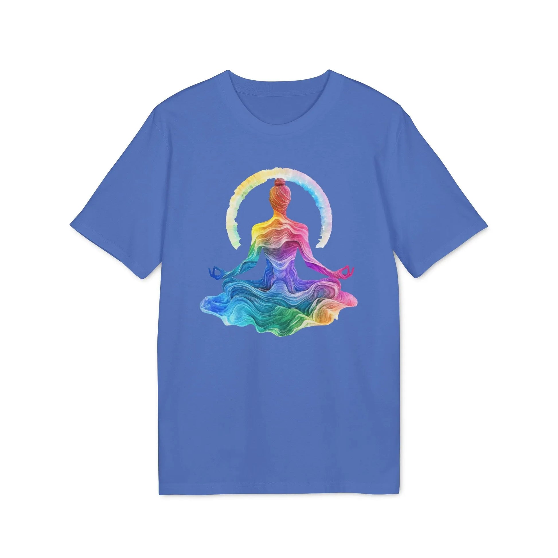 Unisex Yoga T-Shirt mit Aufdruck für Damen und Herren - Regenbogen Farben, kurzarm, 100% Bio Baumwolle, 180 g/m², in großen Größen, weiß und weitere Farben - Bright Blue