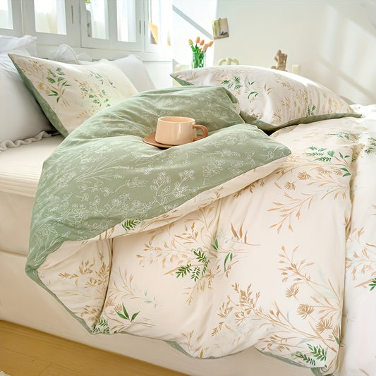 3-teiliges Bettwäsche-Set mit Blumen und Blättern in Salbeigrün, Goldgelb/Beige - 2 Polster und 1 Tuchent (jeweils ohne Füllung) - Bettwäsche-Set „Salbei Traum“ – Gewebtes Polyester mit tollem Griff wie Satin - mit Reißverschluss