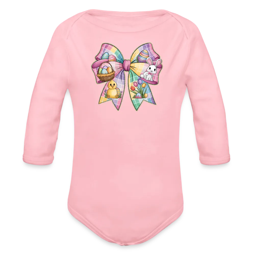 Personalisierter Baby Bio-Langarm-Body für Ostern - Frohe Ostern Body mit Osterhase, Ostereier, Tulpen und Küken auf einer Masche - Motiv, Produkt, Text und eigenes Foto ist easy änderbar - in vielen Farben und Größen bis Größe 80 bzw. 12 Monate - Hellrosa