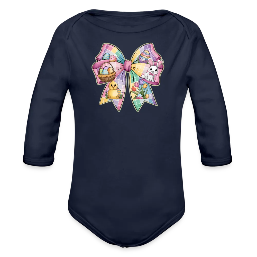 Personalisierter Baby Bio-Langarm-Body für Ostern - Frohe Ostern Body mit Osterhase, Ostereier, Tulpen und Küken auf einer Masche - Motiv, Produkt, Text und eigenes Foto ist easy änderbar - in vielen Farben und Größen bis Größe 80 bzw. 12 Monate - Dunkelnavy