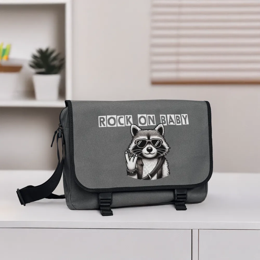 Personalisierte Umhängetasche mit Waschbären und dem Spruch "Rock on Baby!" - Text und Motiv individualisierbar - Umhängetasche in schwarz und grau - 15 Liter -