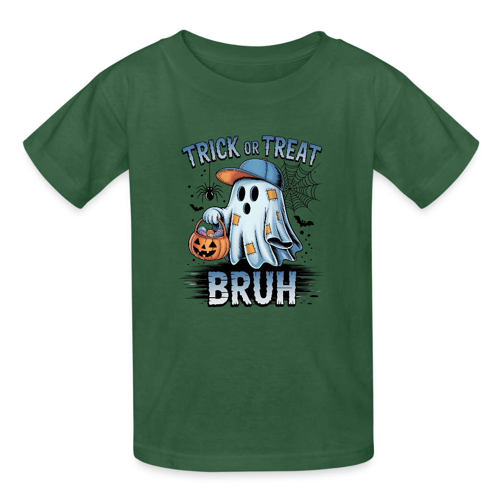 Personalisierbares Jungen T-Shirt für Halloween - Geist mit Kürbis Laterne und Kappe - Trick or Treat - Motiv kann auf jedes Kurzarm- oder Langarm-Shirt gedruckt werden - auch für Erwachsene - viele weitere Farben und Größen - hier 3 bis 12 Jahre - Flaschengrün
