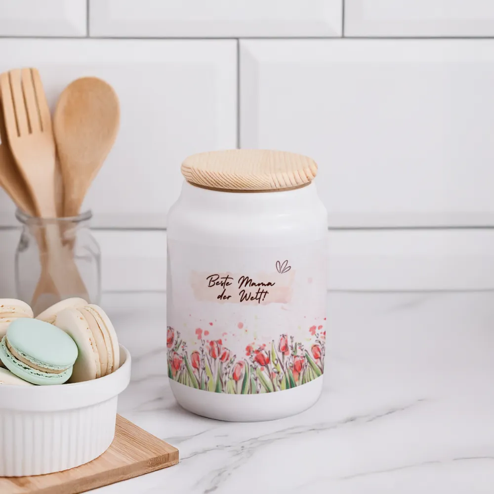 Keksdose mit Holzdeckel mit wunderschönen frühlingshaften Tulpen und Text "Beste Mama der Welt!" -