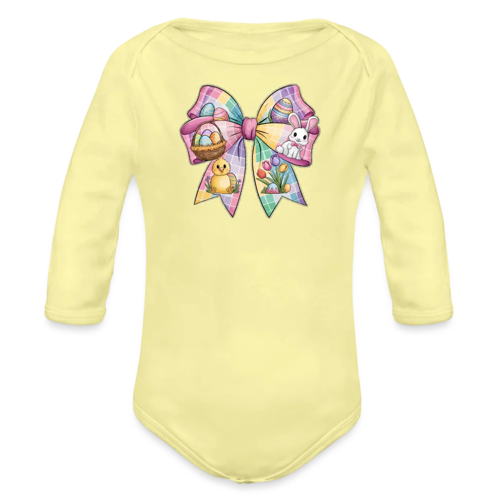 Personalisierter Baby Bio-Langarm-Body für Ostern - Frohe Ostern Body mit Osterhase, Ostereier, Tulpen und Küken auf einer Masche - Motiv, Produkt, Text und eigenes Foto ist easy änderbar - in vielen Farben und Größen bis Größe 80 bzw. 12 Monate - Hellgelb