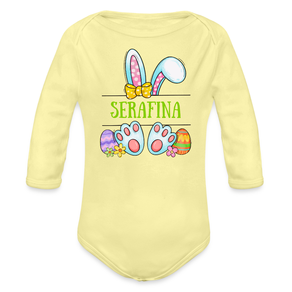 Personalisierter Baby Bio-Langarm-Body mit Oster Motiv für Mädchen - süßer bunter Osterhase mit Name - Hellgelb