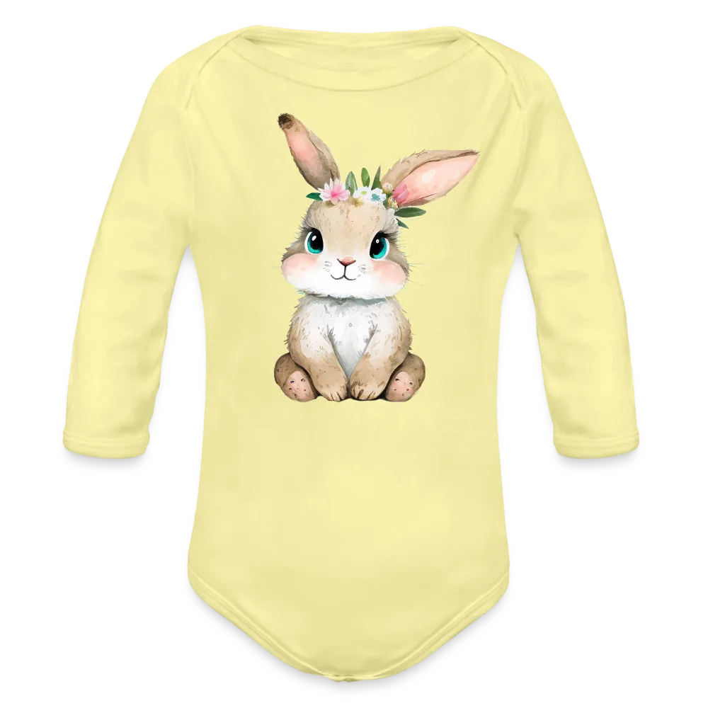 Personalisierter Baby Bio-Langarm-Body für Ostern - niedlicher Bunny Body mit Mädchen Osterhase und Blumen - Motiv, Produkt, Text und eigenes Foto ist easy änderbar - in vielen Farben und Größen bis Größe 80 bzw. 12 Monate - Hellgelb